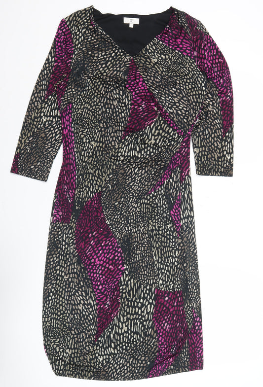 Country Casuals Women’s Black Purple Animal Print Sheath Dress M Long Sleeve V-Neck