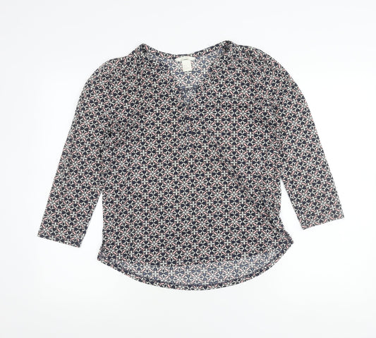 H&M Womens Multicoloured Tunic Blouse Size S Geometric V-Neck 3/4 Sleeve