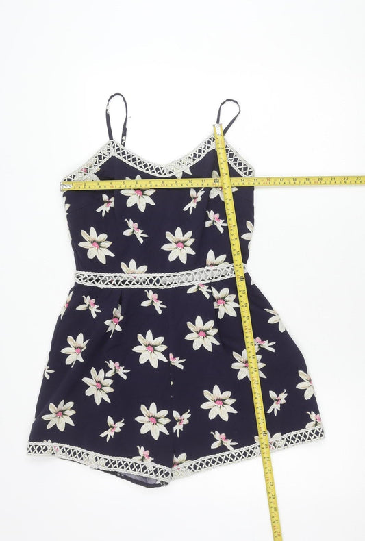 Parisian Womens Blue Floral Lace Trim Playsuit Size 10