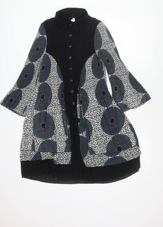 LINDI Women’s Black Blue Geometric A-Line Dress M Long Sleeve