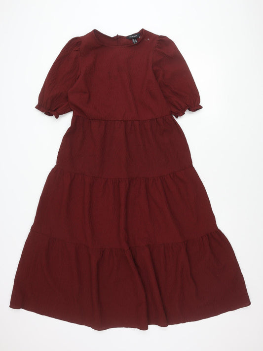 New Look Women Red Skater Dress Size 6 Puff Sleeve Round Neck