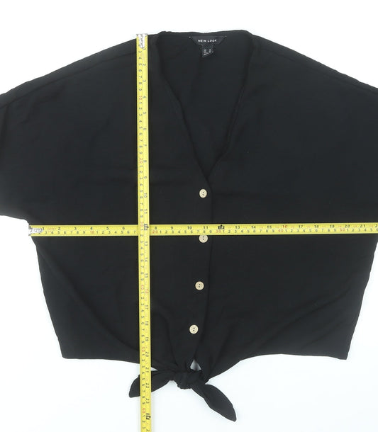 New Look Women Black Cropped Button-Up Tie Front Top UK 14