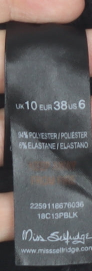 Brand and care label for Miss Selfridge Women Black Bodycon Dress, size 10, Sleeveless V-Neck Cocktail