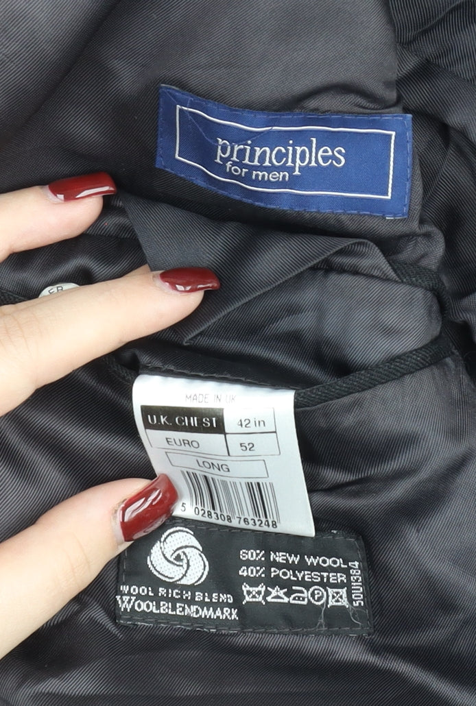 Brand and care label for Principles Men’s Black Pinstripe Wool Blend Blazer Jacket 42L
