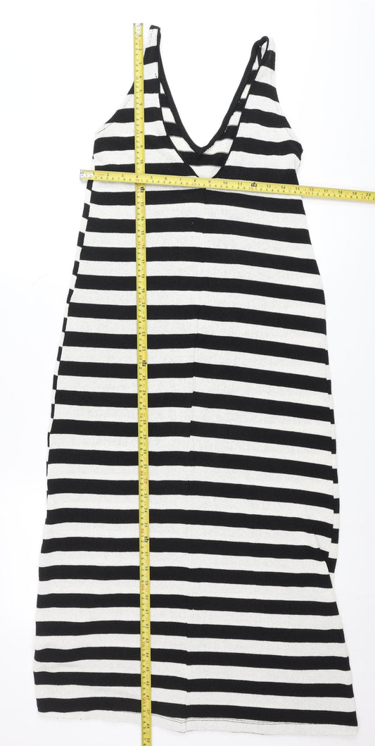 Zara Women Black White Striped V-Neck Slip Dress Size 8