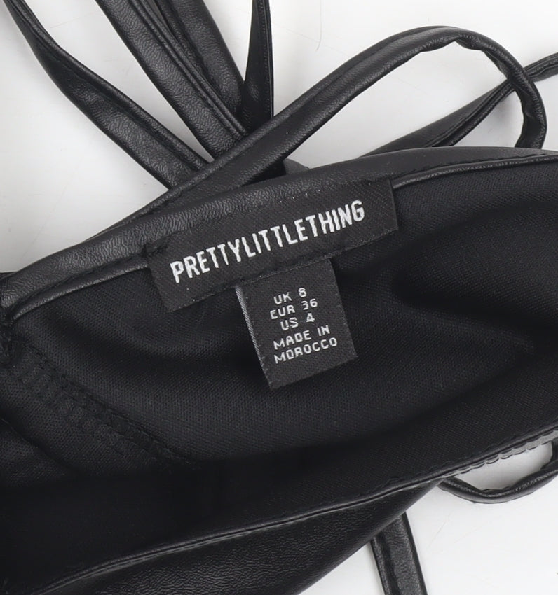 PrettyLittleThing Women Black Faux Leather Halter Tank Top UK 8