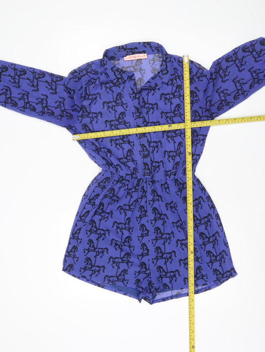 Oh My Love Women Blue Horse Print Playsuit Size S Long Sleeve