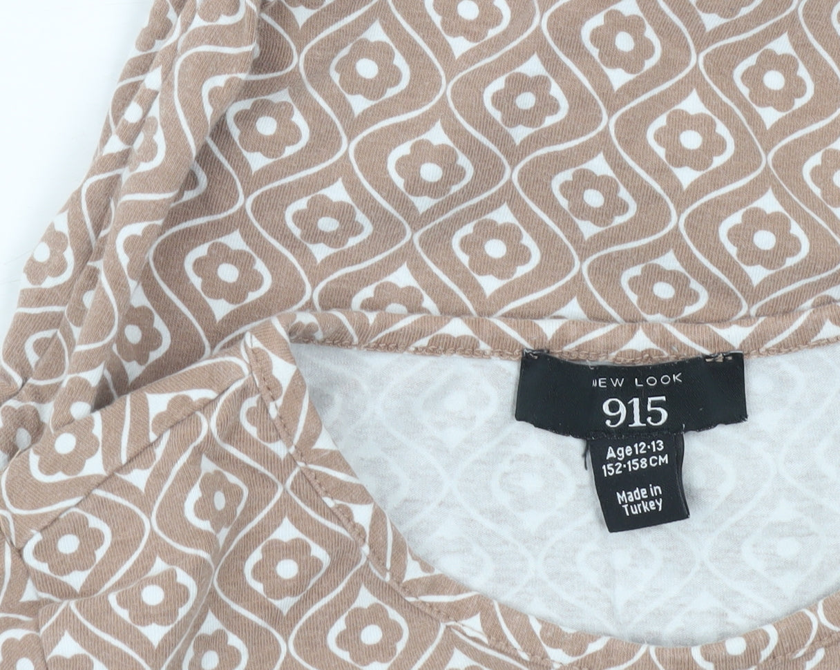 New Look Girls Brown Geometric T-Shirt Age 12-13 Years Cotton Blend