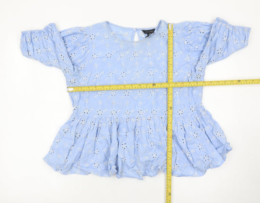 New Look Womens Blue Embroidered Tunic Blouse UK16 Puff Sleeve