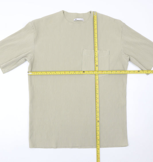 Zara Men’s Beige Ribbed Crew Neck T-Shirt Size M Regular Fit