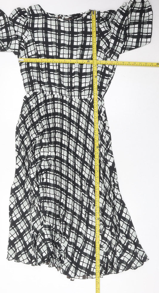 F&F Women’s Black Plaid Midi Dress Size 12 Puff Sleeve A-Line