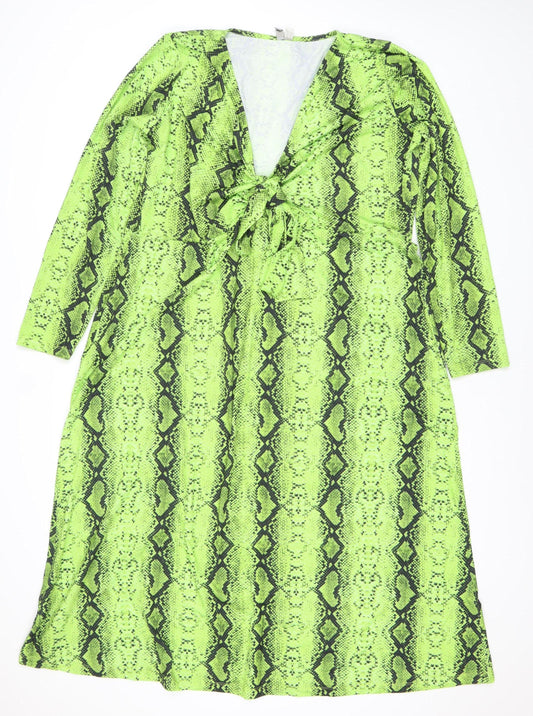 ASOS Women’s Green Snake Print Bodycon Dress Size 22 Long Sleeve V-Neck