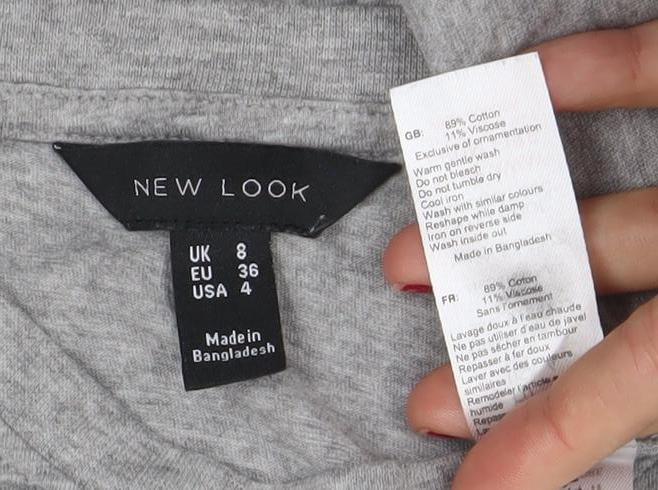 New Look Womens Grey Size 8 Graphic Surf Print Cotton Blend T-Shirt