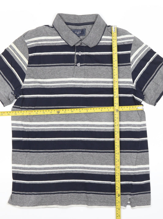 Atlantic Bay Men’s Grey Blue Striped Polo Shirt M Cotton Blend