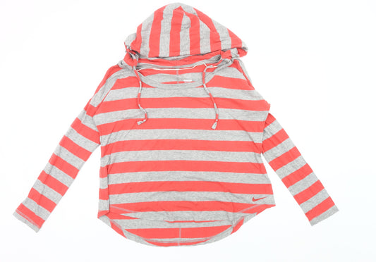 Nike Womens Grey Orange Striped Pullover Hoodie M Raglan Sleeve