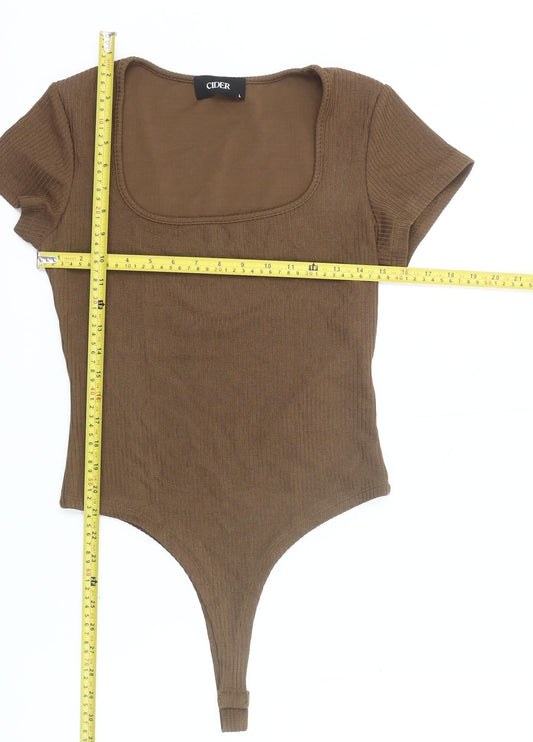 Cider Women Brown Bodysuit L Knit Square Neck Stretch Slim Fit