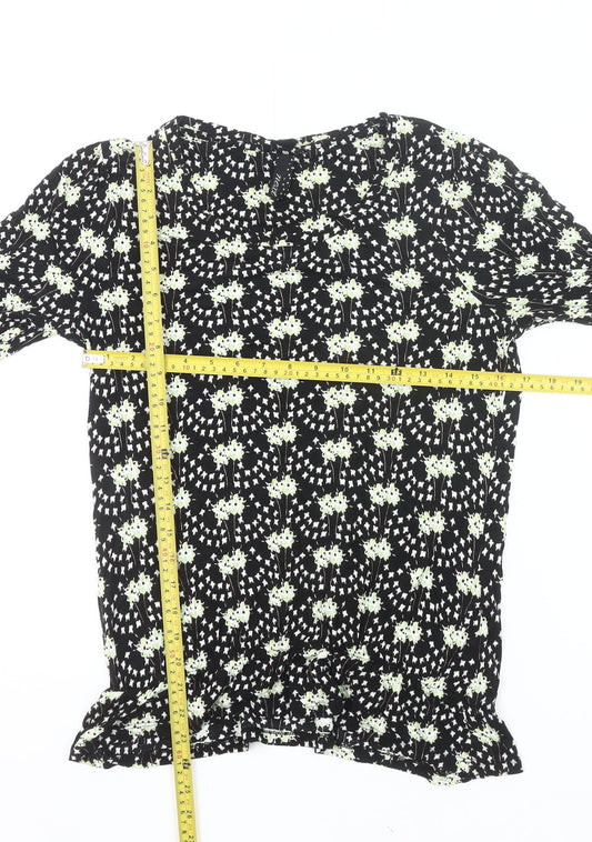 Next Womens Black Floral Tunic Blouse Size 10 3/4 Sleeve Viscose