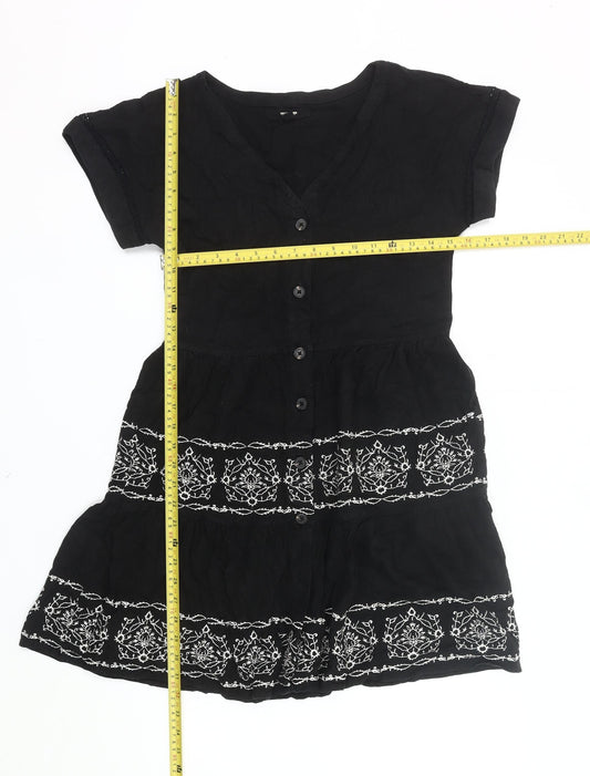 Next Womens Black Embroidered Linen Blend Shirt Dress Size 10