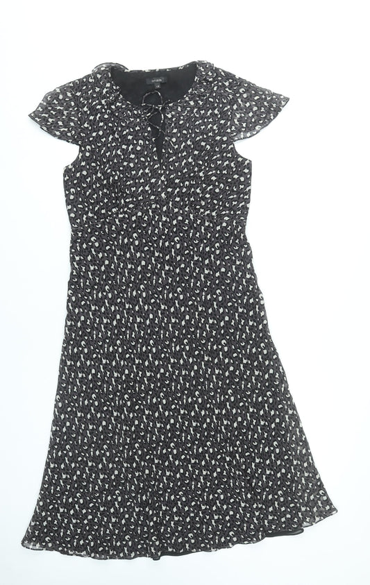 Additional front view of Linea Women’s Black Animal Print Silk A-Line Dress, size UK 12