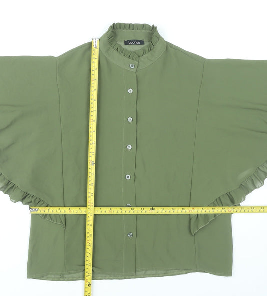 Boohoo Womens Green Kimono Sleeve Blouse Size 10 Ruffle Button