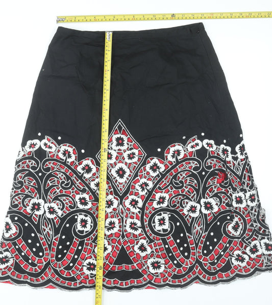 East Womens Black Cotton Floral Embroidered A-Line Skirt Size 14