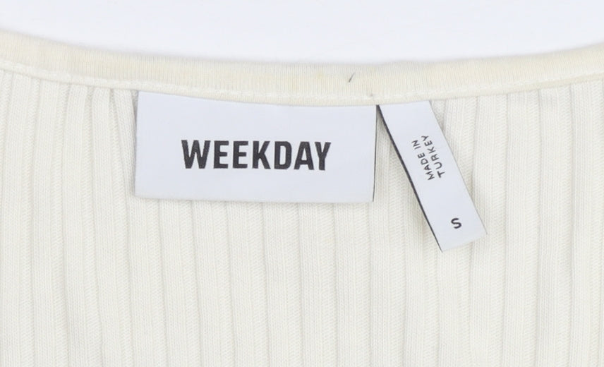 Weekday Womens Ivory Ribbed Cropped Tie Blouse Small