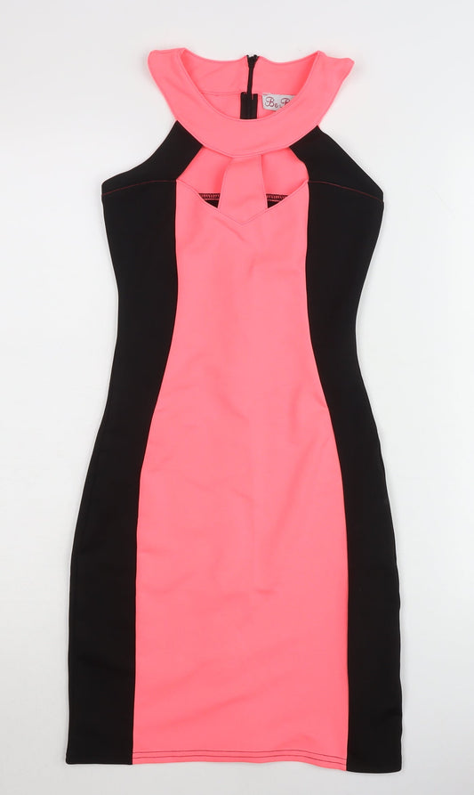 Additional front view of Be Beau women’s pink black bodycon knee length halter dress, size UK 8