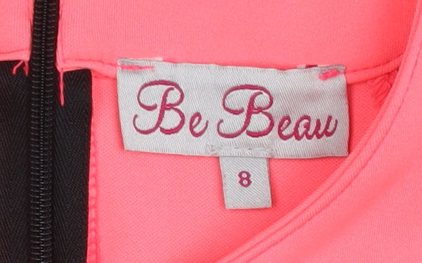 Brand and care label for Be Beau women’s pink black bodycon knee length halter dress, size UK 8