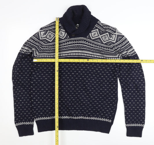 Burton Men's Blue Fair Isle Wool Blend Shawl Pullover Jumper M