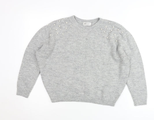 Additional front view of H&M Teens Grey Beaded Crew Neck jumper, size 12 Slim