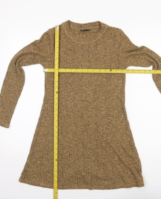 Topshop Women Brown Knit A-Line Dress Size 6 Long Sleeve Crew Neck