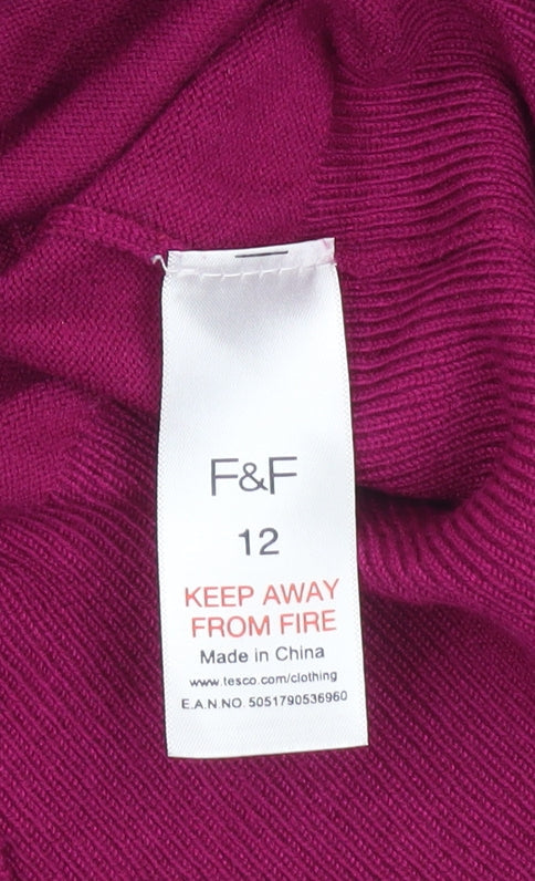 F&F Womens Purple 3/4 Sleeve Cardigan Size 12 Scoop Neck Bow Detail