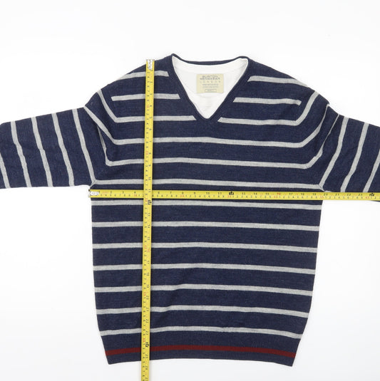 Burton Menswear Men Blue Striped V-Neck Pullover Jumper Size S
