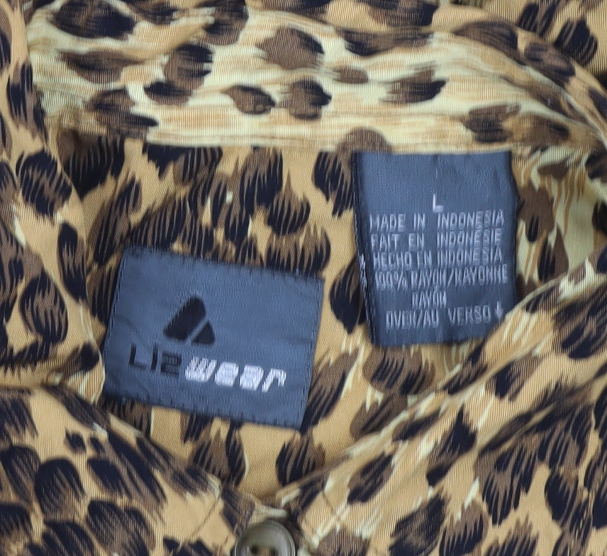 Lizwear Women Brown Animal Print Rayon Tunic Blouse Long Sleeve L
