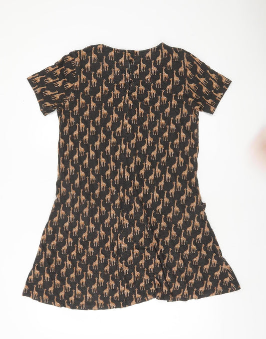 FatFace Womens Black Giraffe Print Shift Dress UK 6 Short Sleeve