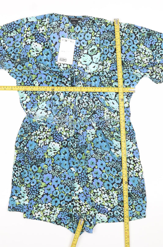 Monki Womens Multicoloured Floral Playsuit Size 12 V-Neck Short Sleeve