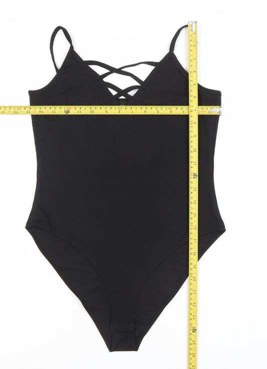 New Look Women's Black Bodysuit Size 12 Strappy V-Neck One-Piece