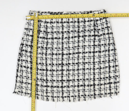 H&M Divided Womens Skirt Size 10 Black White Check Tweed Fringe Pencil