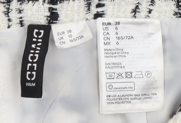 H&M Divided Womens Skirt Size 10 Black White Check Tweed Fringe Pencil