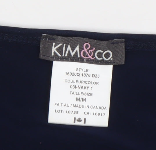 Brand and care label for Kim & Co women’s blue m shirt dress v-neck 3/4 sleeve casual workwear