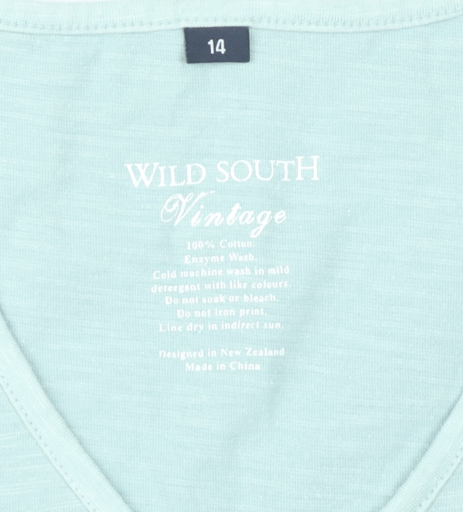 Wild South Women Green Size 14 V-Neck Cotton T-Shirt Casual