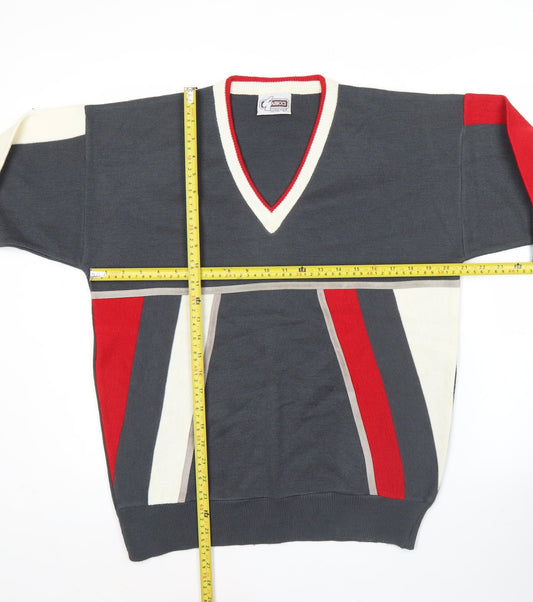 Gabicci Mens Grey Red White Geometric V-Neck Jumper Size M