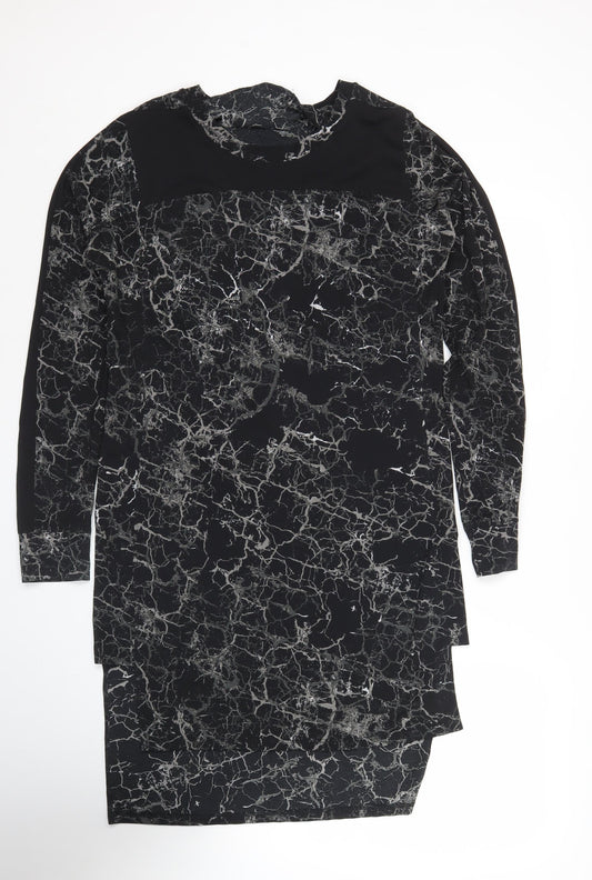 Next Women Black Marble Print Bodycon Dress Size 8 Long Sleeve Knee Length