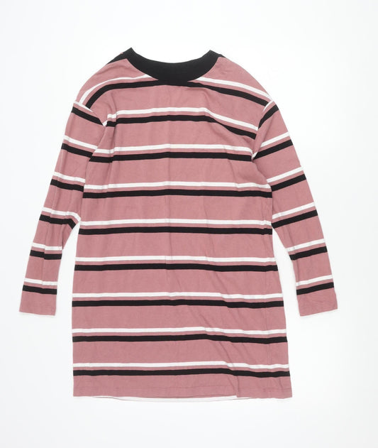 Additional front view of ASOS DESIGN women’s pink striped long sleeve cotton t-shirt, size UK 8