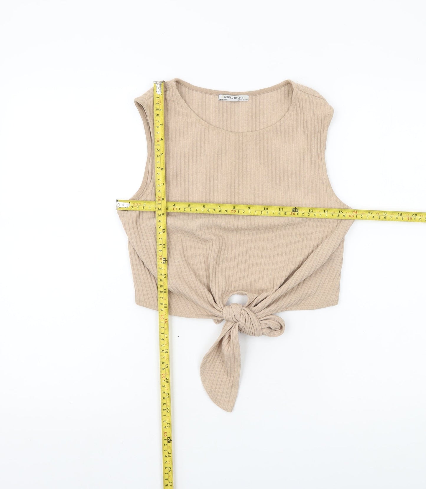 Zara Trafaluc Women’s Beige Cropped Tank Top Size 8 Sleeveless Tie Front