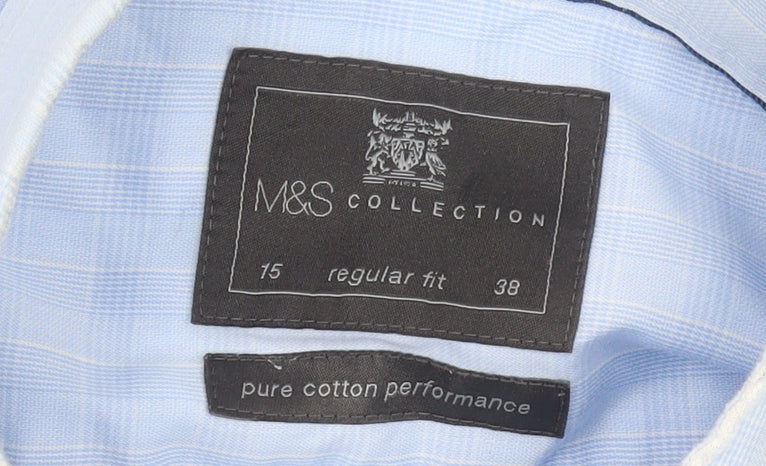 Marks and Spencer Men’s Blue Check Cotton Long Sleeve Shirt 15in 38in Regular Fit