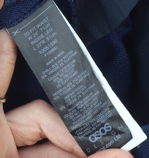 Brand and care label for ASOS Men’s Blue Regular Fit Trousers Size 28W 32L Straight Leg