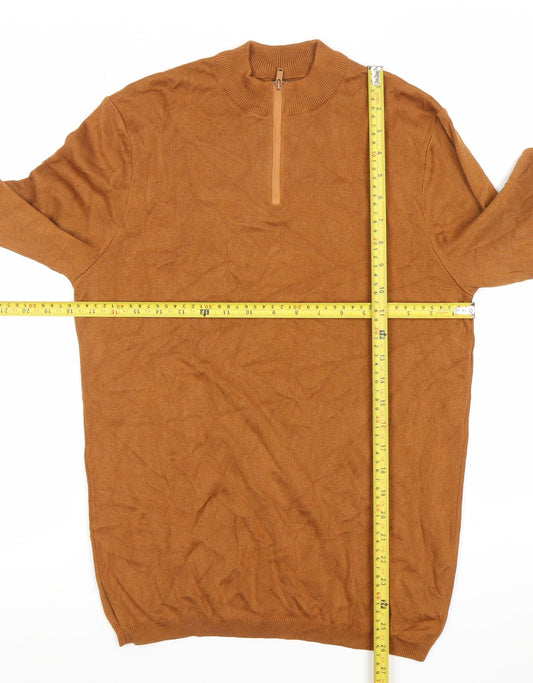 Zara Men’s Brown Mock Neck 1/4 Zip Jumper Size M Cotton Wool Blend