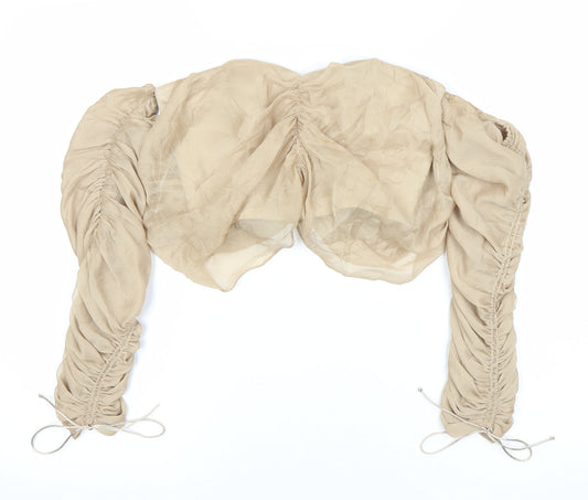 Additional front view of ASOS Women Beige Cropped Blouse, size 6, Long Puff Sleeves Party