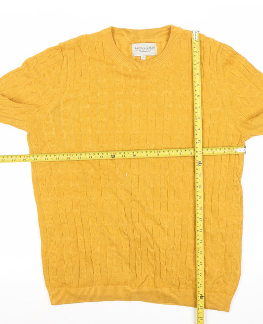 Racing Green Men's Yellow Cable-Knit Cotton Jumper Size M